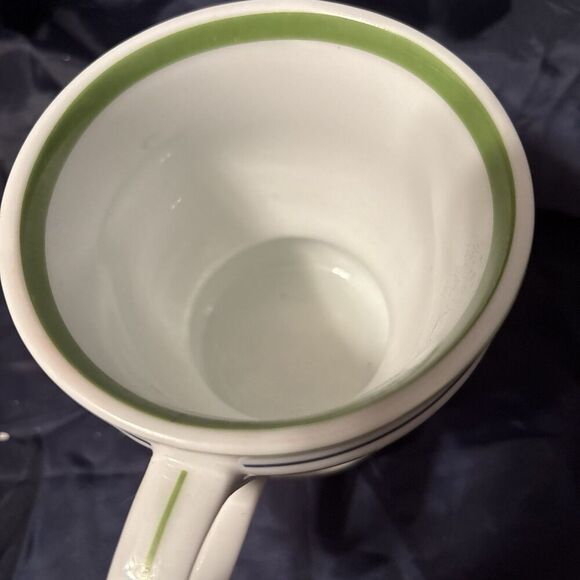 2007 Starbucks White Coffee Mug Green Band Blue Stripes Tea Cup 12oz - Picture 6 of 7